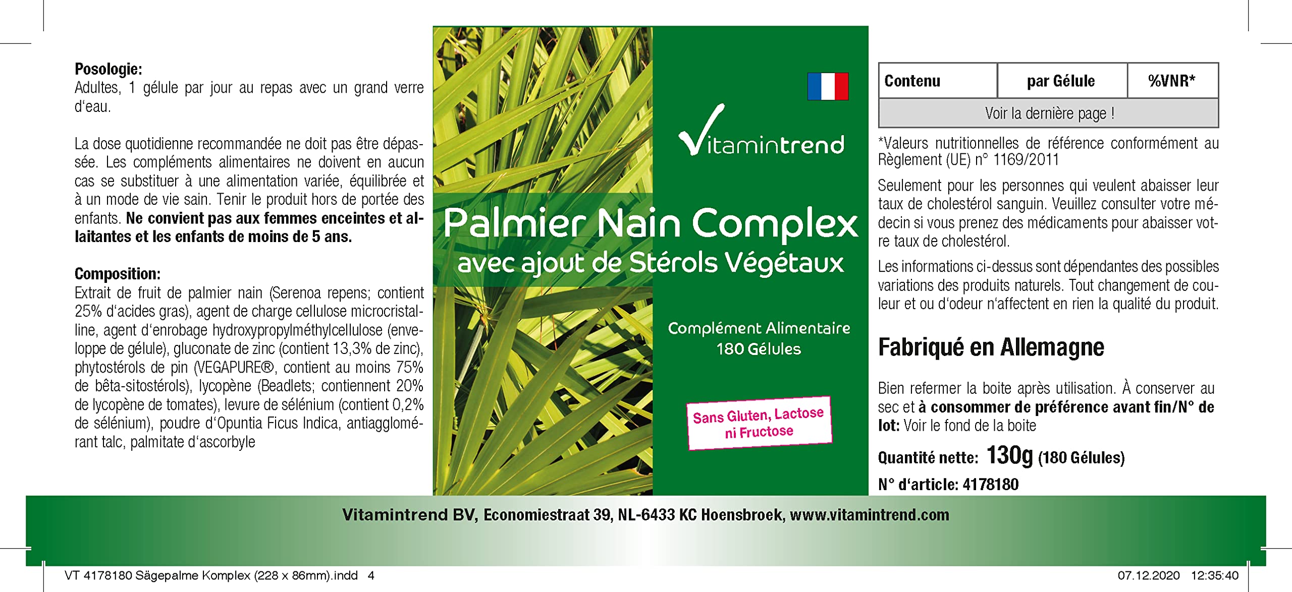 Vitamintrend Complexe de palmier nain avec stérols végétaux, 180 gélules, complément alimentaire vegan sans stéarate de magnésium, fabriqué en Allemagne