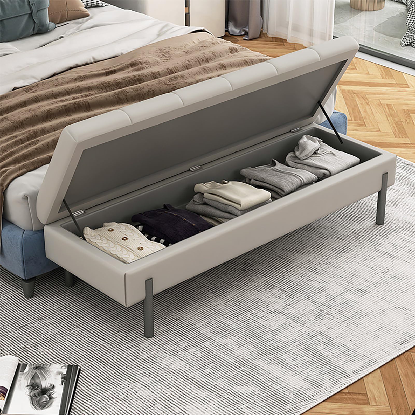 Stylowa zielona tapicerowana ławka otomana z nogami ze stali nierdzewnej – odporna na zarysowania skóra przedsionek przechowywanie butów i salon kanapa siedzisko 80 cm wąska konstrukcja do małych