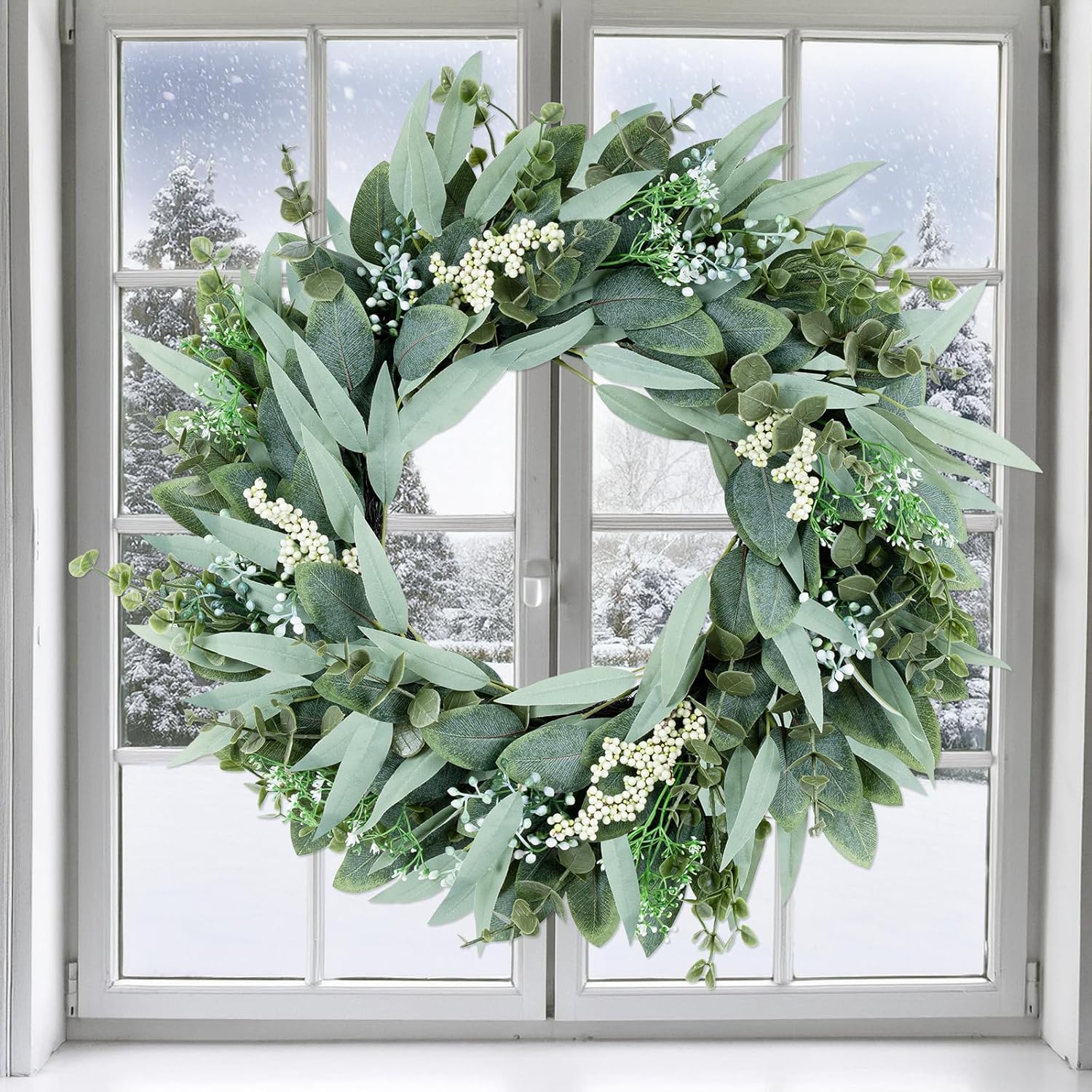 26" eucalyptus wreaths large artificial greenery outdoor/indoor wreath spring/summer/winter xmas wreath green wreaths for front door porch window wall hanging decor all year round wr-eath?green? 26in