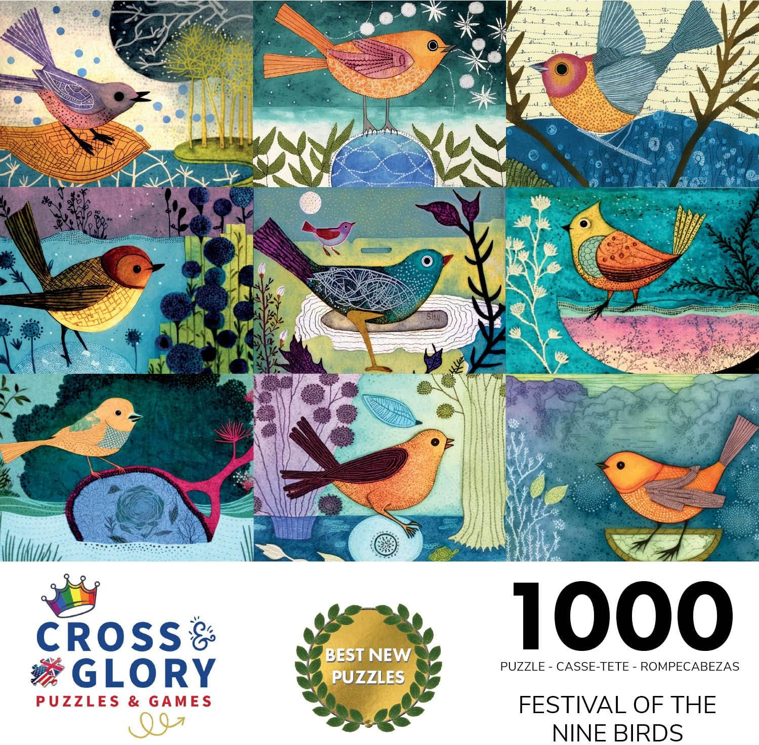 Cross & Glory - Festival of the Nine Birds - 1000 Piece Jigsaw Puzzle for Adults | Colorful Bird Collage Artwork | Premium Ribbon-Cut Puzzle with Satin Finish