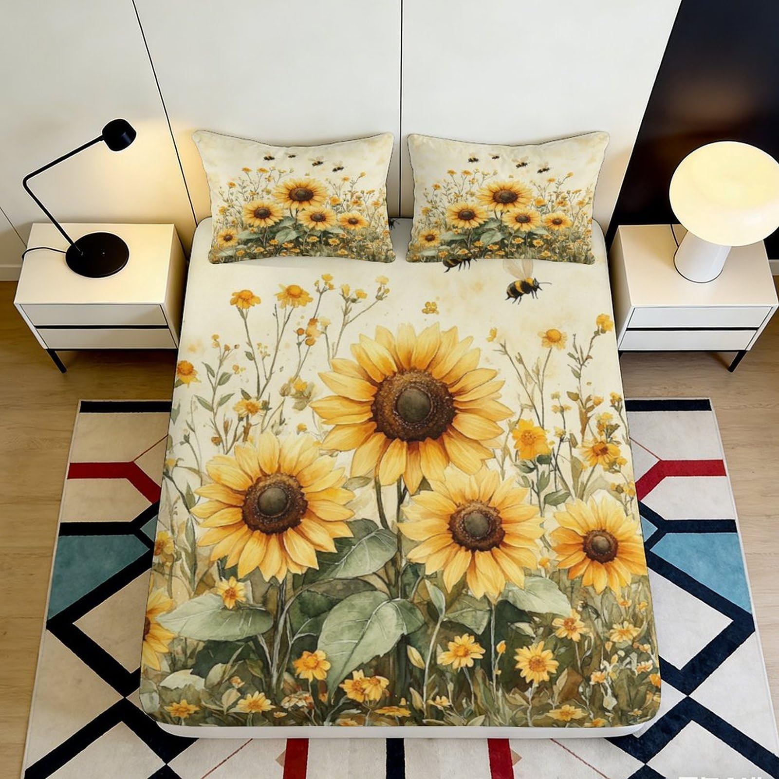 3D Printed Sunflower Fitted Sheet Microfiber Elastic Hem Deep Pocket Bedroom Bedding Sunflower Mattress Fitted Cover Washable 120x200x25cm