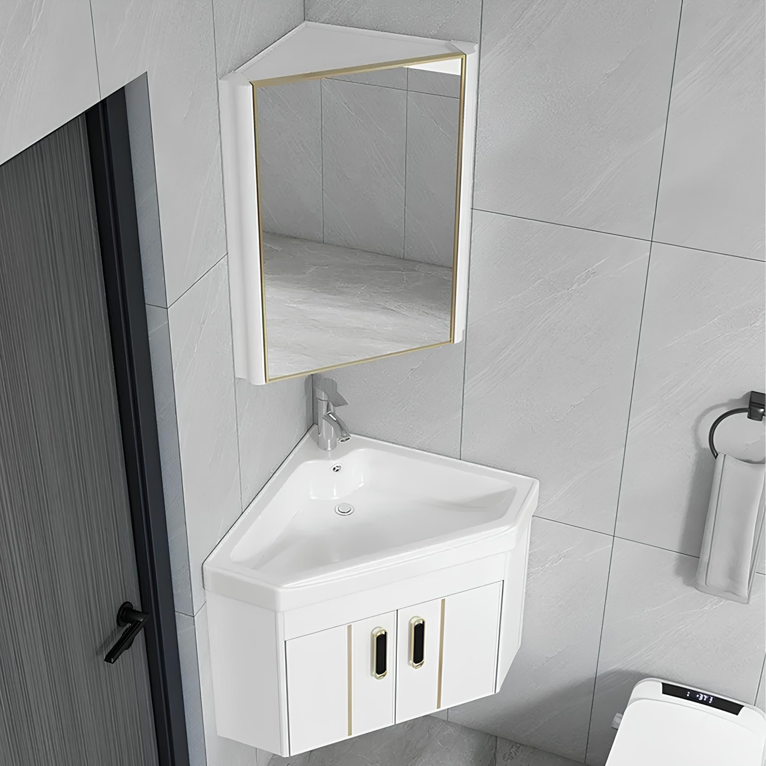 SGKOMN Corner Bathroom Vanity with Ceramic Sink & Mirror Cabinet, Wall Mounted Bathroom Vanity Sink Set for Small Space, Laundry Room, Balcony, White-56 * 56cm