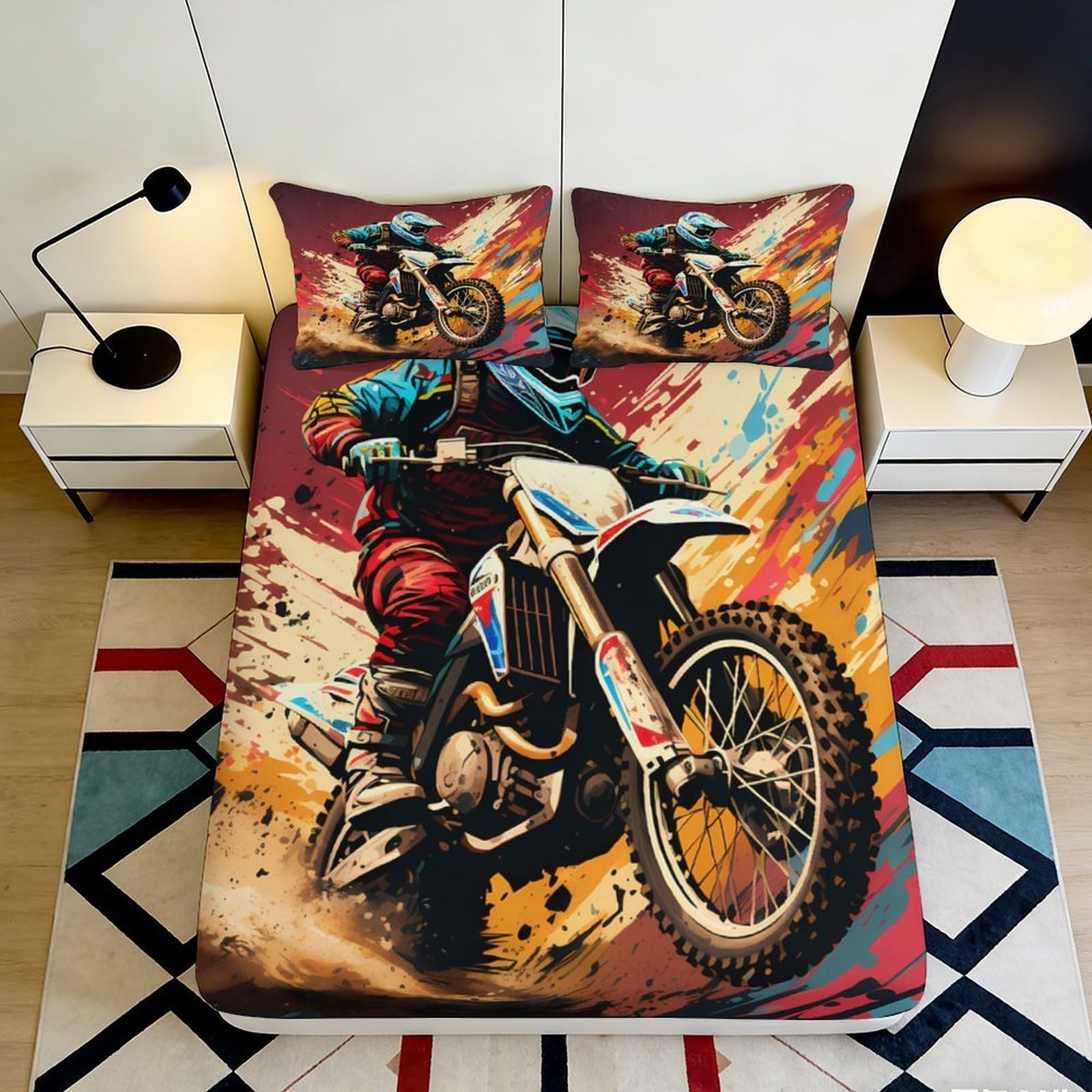 3D Printed Motocross Racing Fitted Sheet Microfiber Soft Breathable Dirt Bike Mattress Cover for Bedroom Decor 90x200x25cm