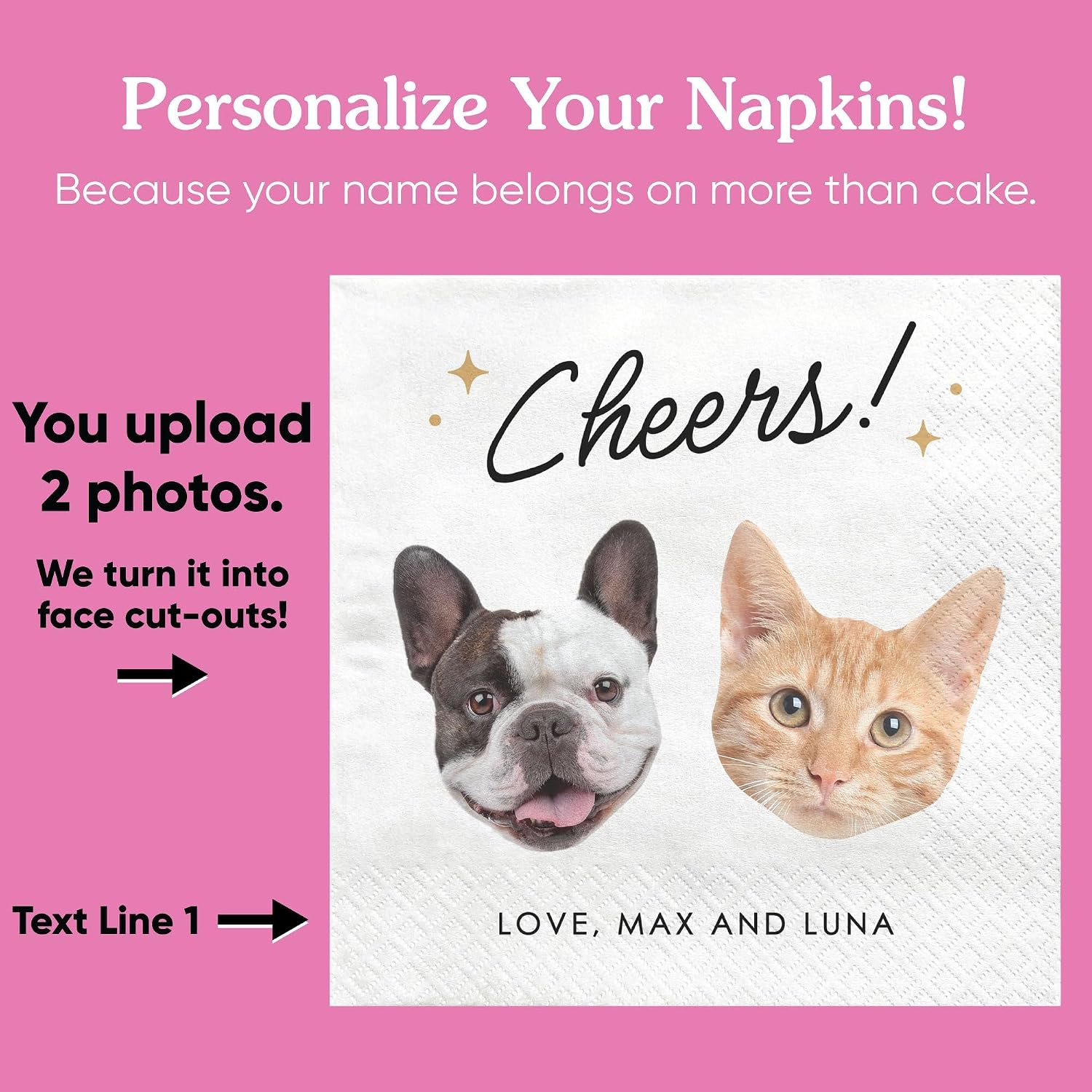 Big Dot of Happiness Custom Photo Cheers - Two Pets Wedding Napkins, Personalized Cat or Dog Wedding Party Decor, White 3-Ply Paper Beverage Napkins - 50 Count