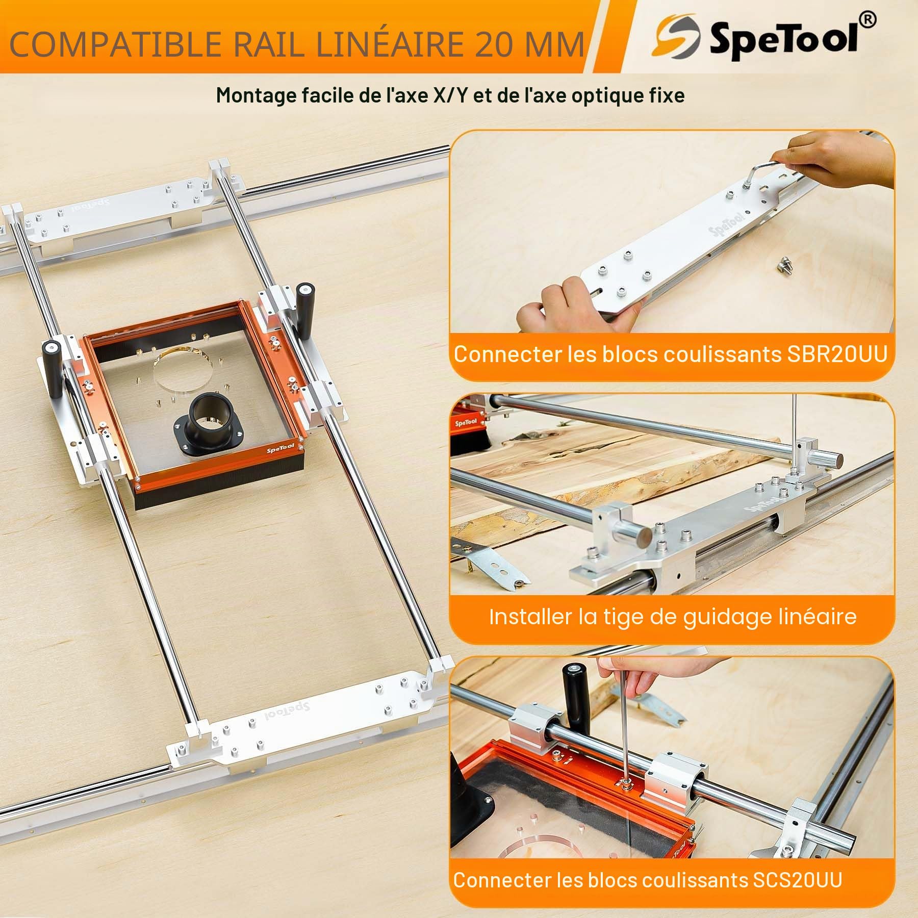 SpeTool Système d'aspiration de poussière pour chariot de rail linéaire avec plaque d'adaptateur coulissant pour rails SBR20UU et SCS20UU. Raccord à poussière de 6,35 cm (2,5 pouces). Plaque acrylique