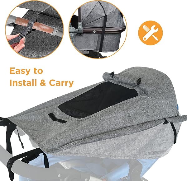 WD&CD Pare-Soleil pour Poussette, Auvent pour Nacelle Landau, UV 50+ Protection Réglable avec Sac de Rangement - Gris Universel - 5