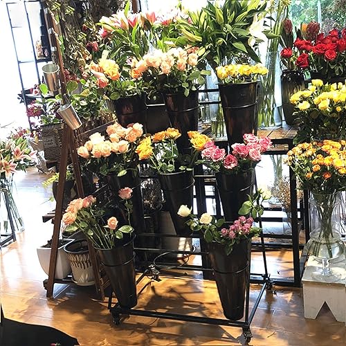 Miniatura 10 de Soporte de exhibición de flores, estante móvil para carrito de plantas con ruedas, con cubos de plástico, fácil de instalar, soporte escalonado para