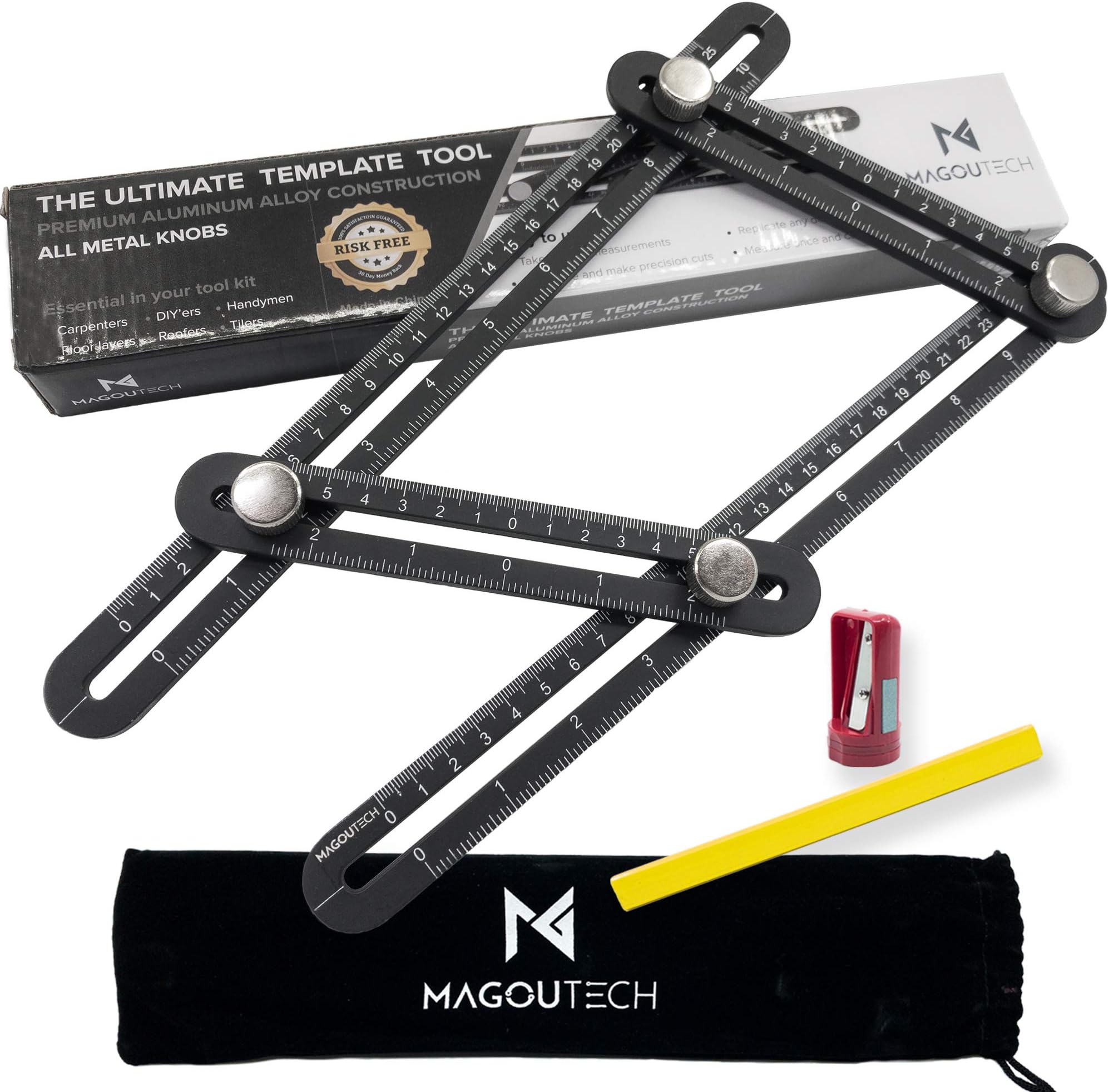 Aluminum Angle Template Tool by Magoutech | Heavy Duty Build with Large Metal Knobs | Adjustable Multi Angle Measurement tool | Universal Layout | Includes Bonus Tools
