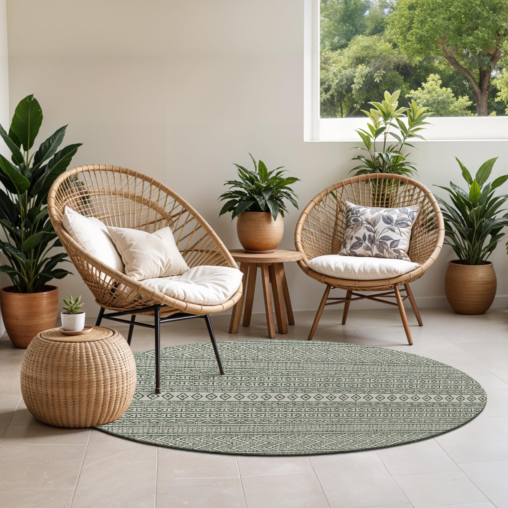 Livabliss Mimi Motril Indoor Outdoor Round Floor Covering 160 cm – Boho Pattern for Patio, Deck & Garden, UV & Weather Resistant, Green & Ivory