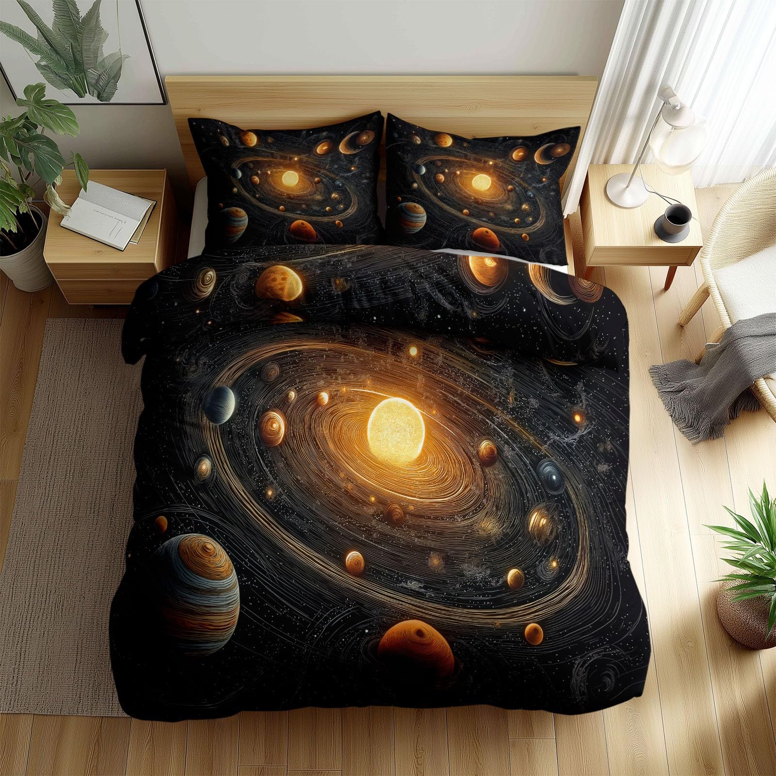Genérico Juego de Funda Nórdica 150 x 220 cm Reversible Sistema Solar de Fantasía Estrellas Espirales 3 Piezas, Negro Tinta Suave y Transpirable Funda Nórdica, para Niños, Jóvenes y Adultos