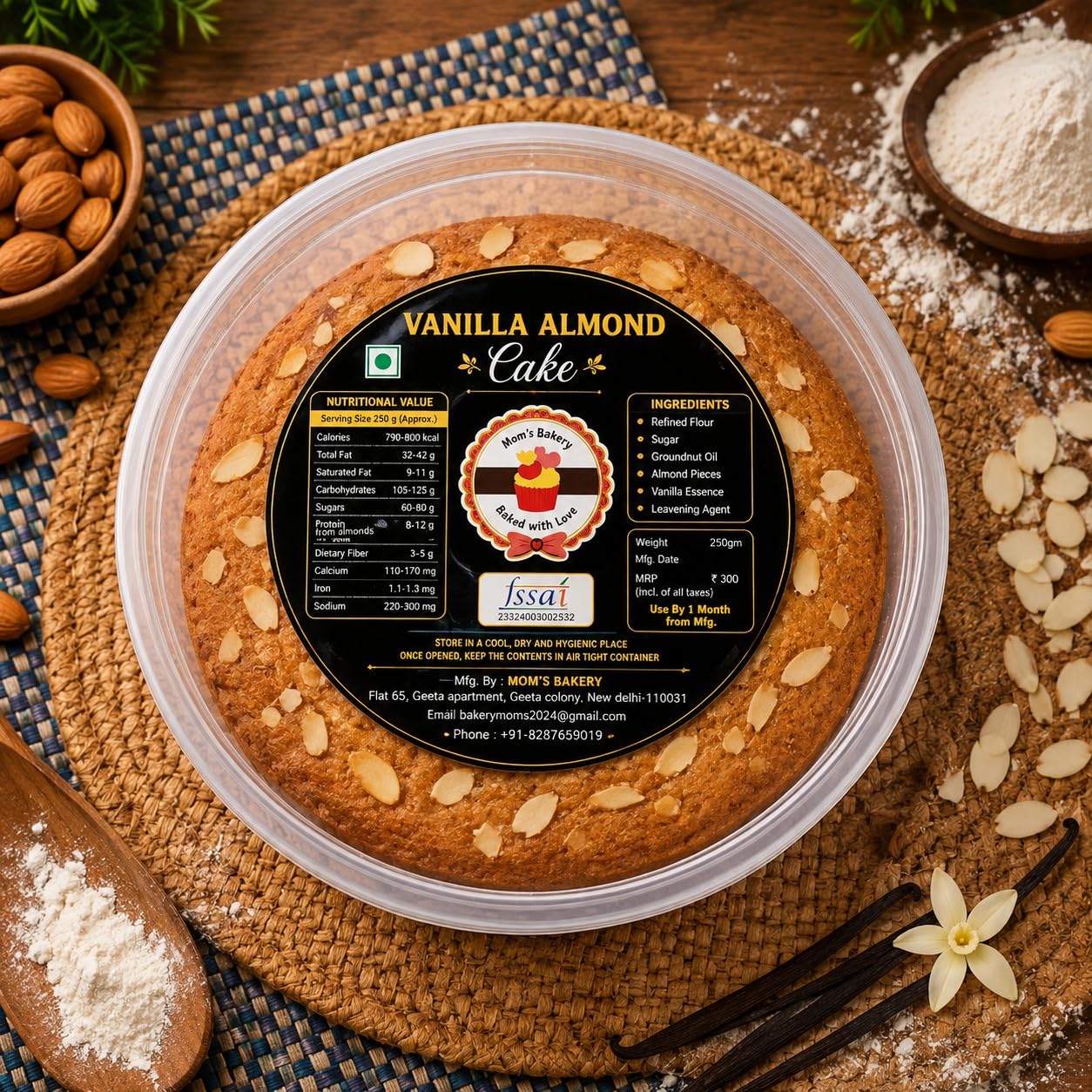 MOM'S BAKERY Vanilla Almond Cake 250g | Soft & Moist Vanilla Sponge Cake Topped with Crunchy Almond Flakes | Freshly Baked Bakery Style Dessert-image-21