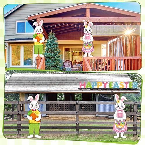 Miniatura 6 de Shellwei 2 letreros colgantes de conejo de Pascua de madera para puerta delantera, porche, interior y exterior, grande, colgante de puerta de
