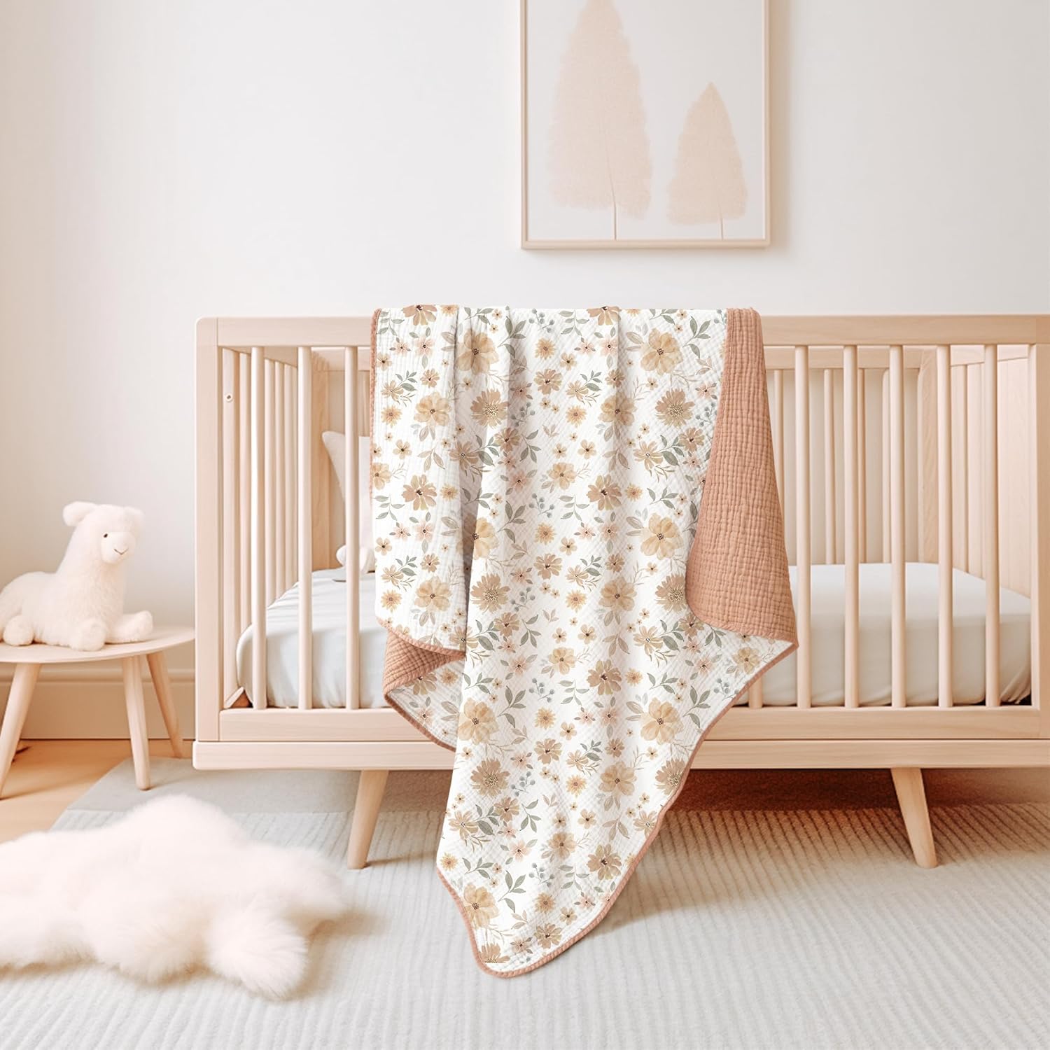 Konssy Muslin Baby Blankets for Girls Boys, 100% Cotton Crib Blanket for Infant Toddler, Super Soft and Lightweight Nursery Swaddling Wrap 40"x36" (Flourish) - Image 5