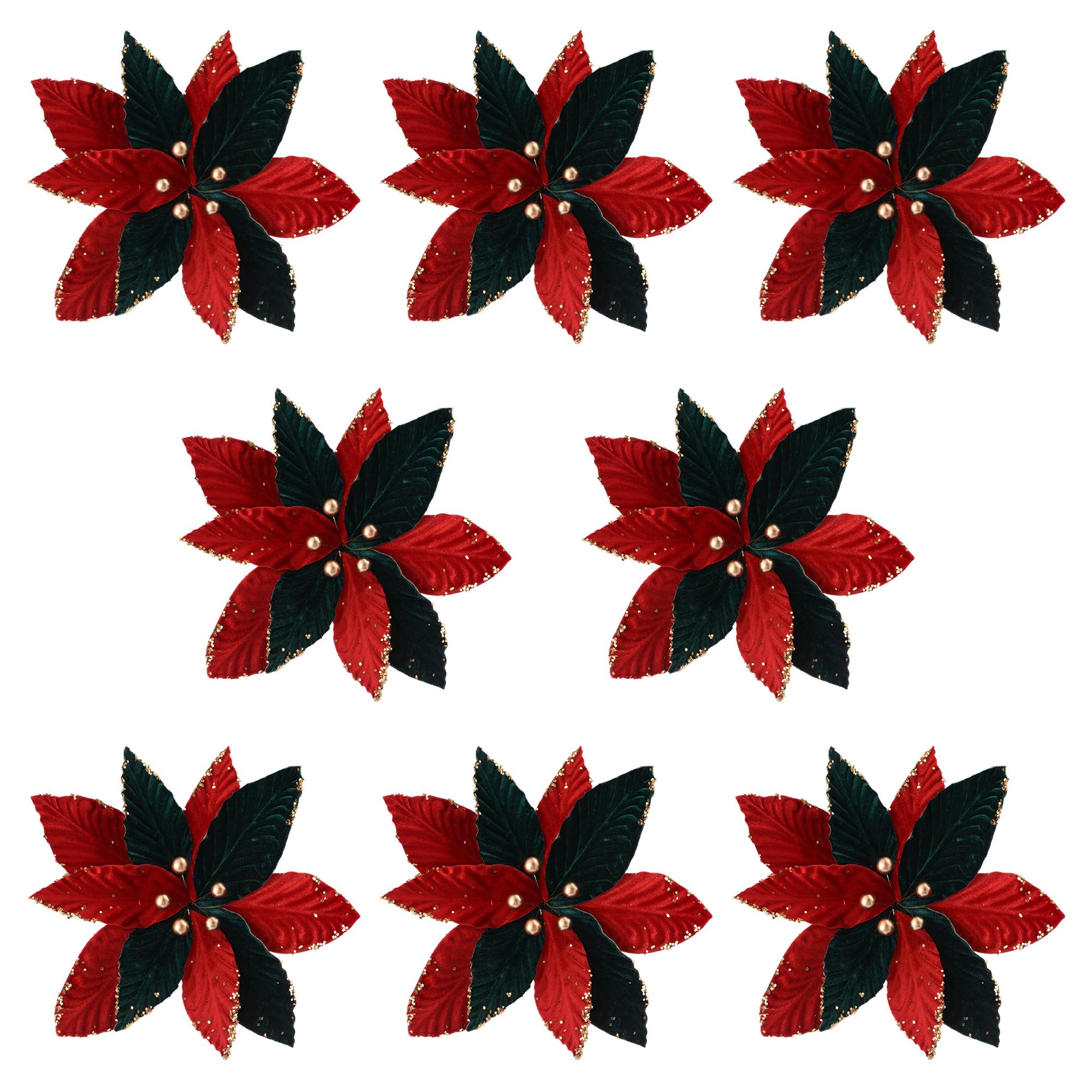 WANDIC 8pcs Fleurs artificielles Fleurs de Noël Tissu de Velours Rouge et Vert de Noël 28CM