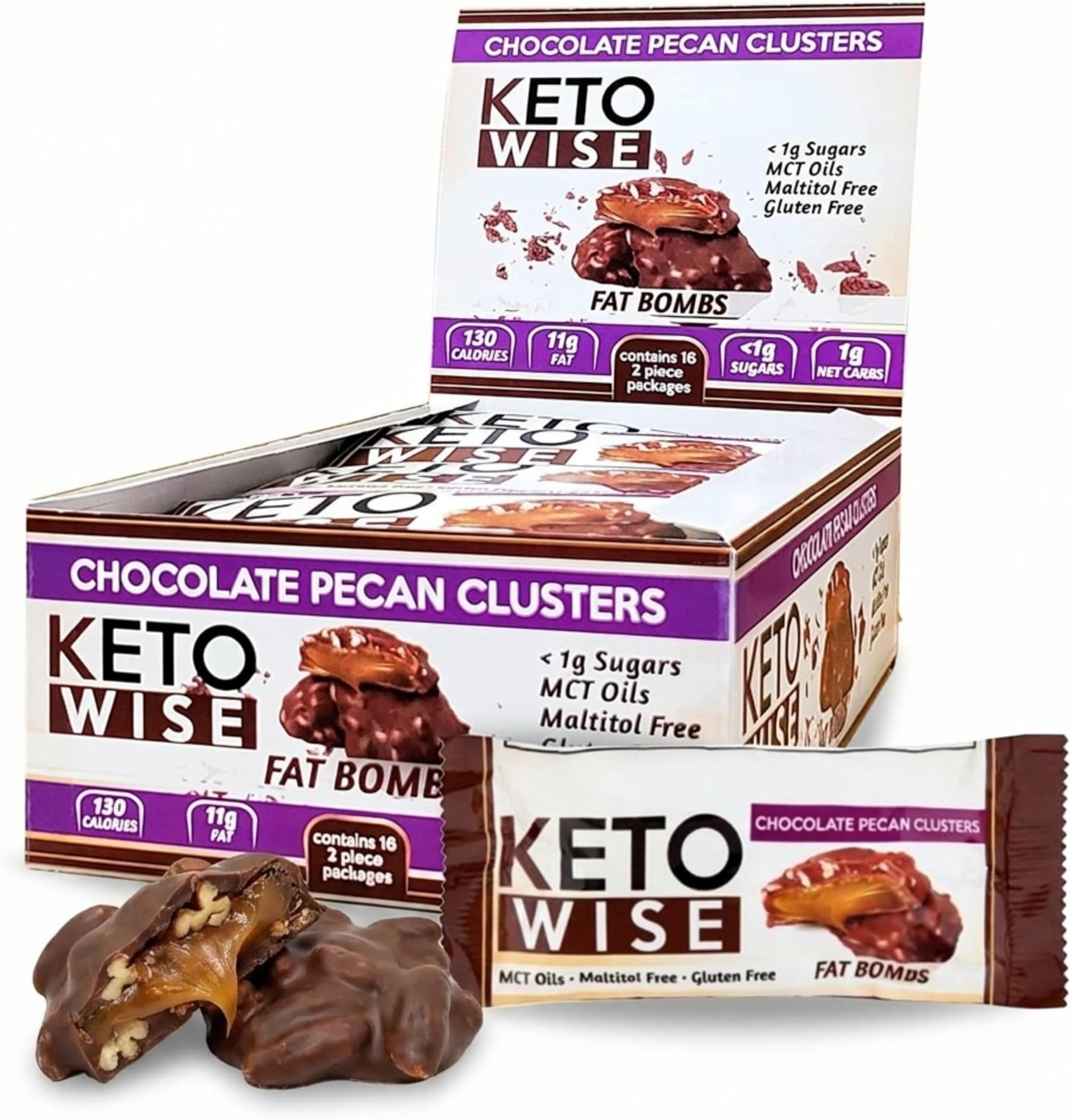 Keto Wise Fat Bombs - Made with Chocolate containing MCT Oil - Low Fat, Low Carb and Keto Friendly Snack - 11g Fat, 1g Net Carbs | Chocolate Pecan Clusters, 16 Count (Pack of 1)
