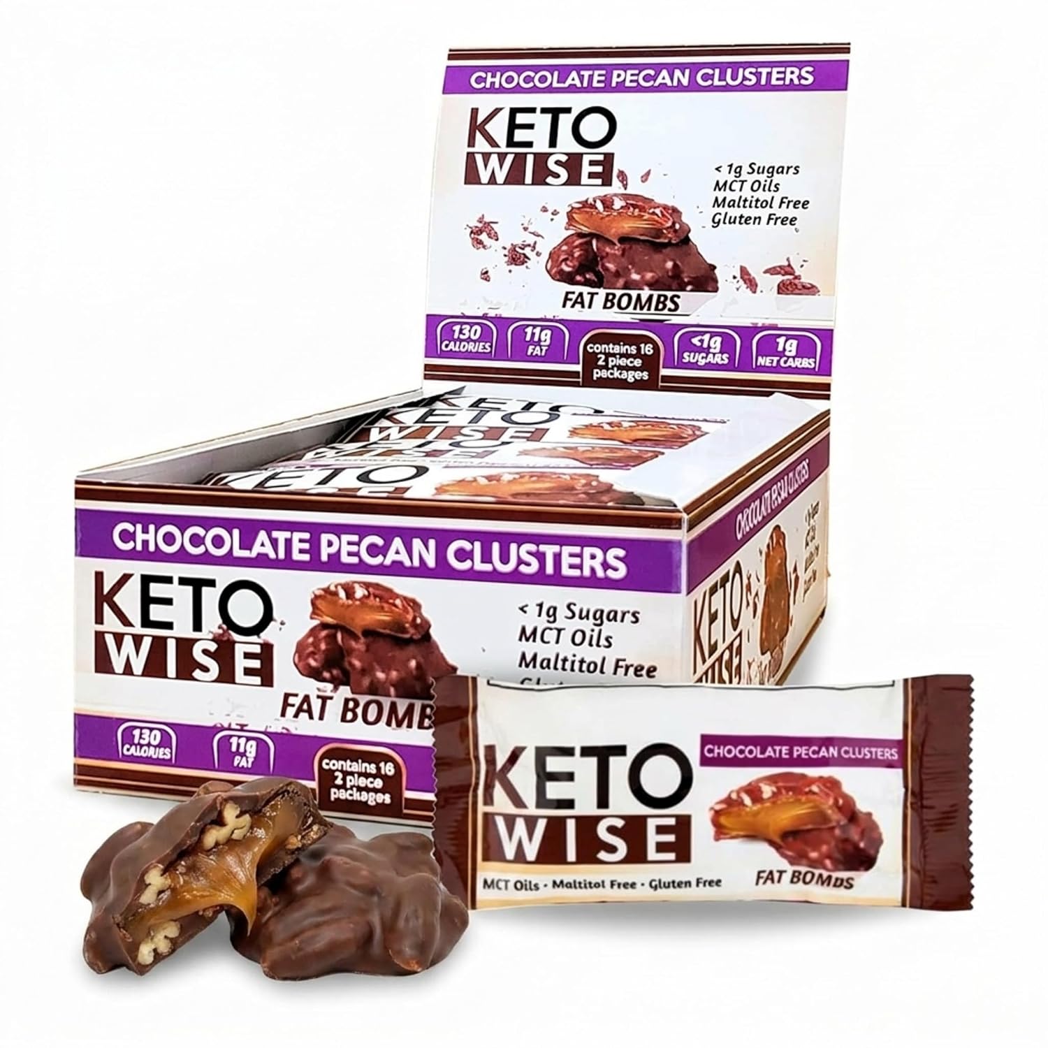 Keto Wise Fat Bombs Chocolate Pecan Clusters, Keto Friendly, 16 Count | Low Carb Keto Fat Bombs with MCT Oil, Chocolate Pecan with Zero Sugar Added, Low Carb and Keto Friendly Snack, 16 Count