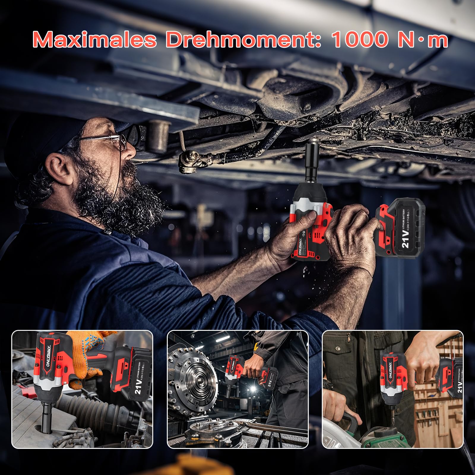 21 V Akku-Schlagschrauber 1/2" 1000 Nm (750 lb-ft), professioneller bürstenloser Schlagschrauber mit 2 Akkus 4,0 Ah, Schnellladegerät, 2300 U/min und LED-Beleuchtung
