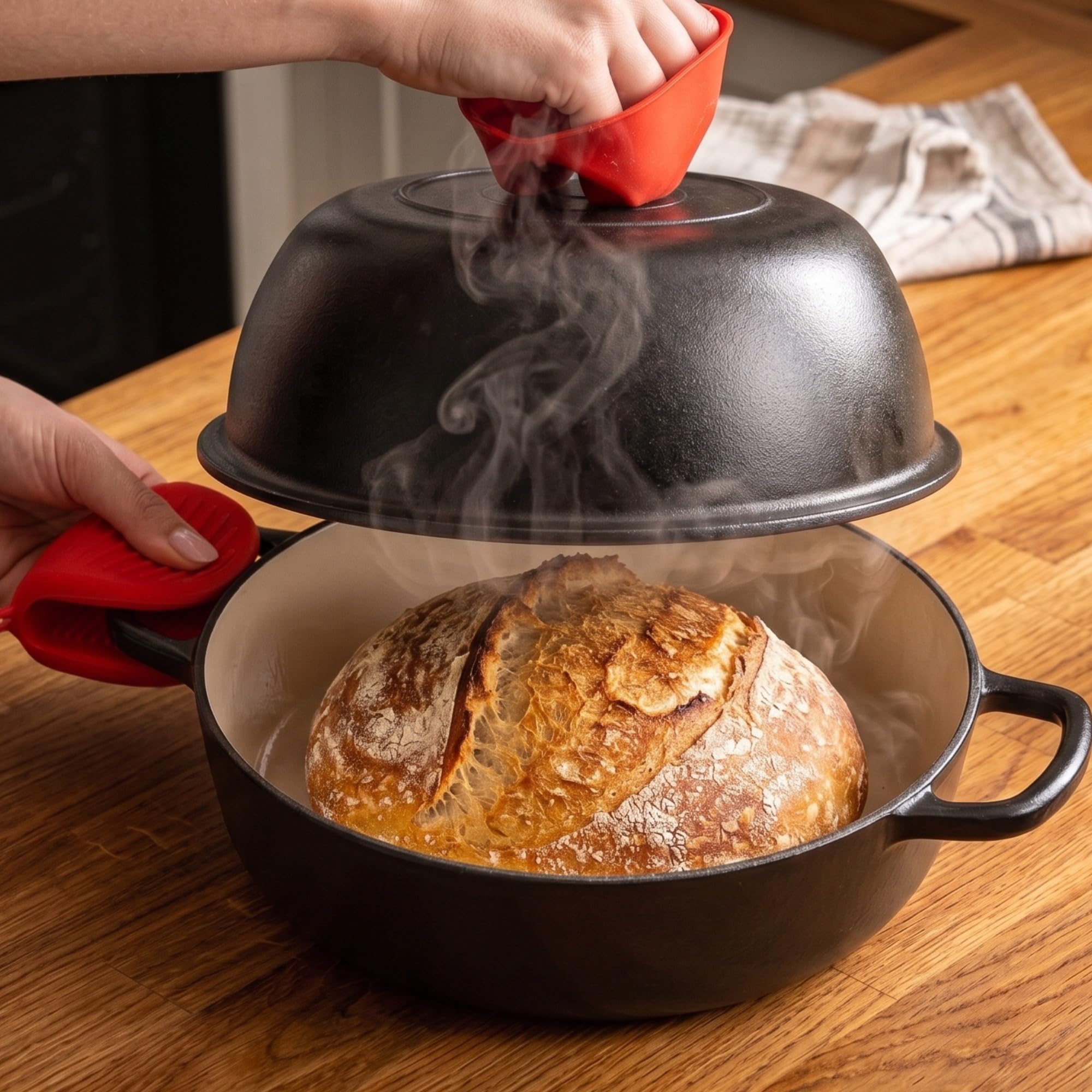 osoltus Gusseisen Brotbackform Set mit Kupeldeckel Silikonmatte Handschuhe Gärkorb 26cm Emaille Schwarz