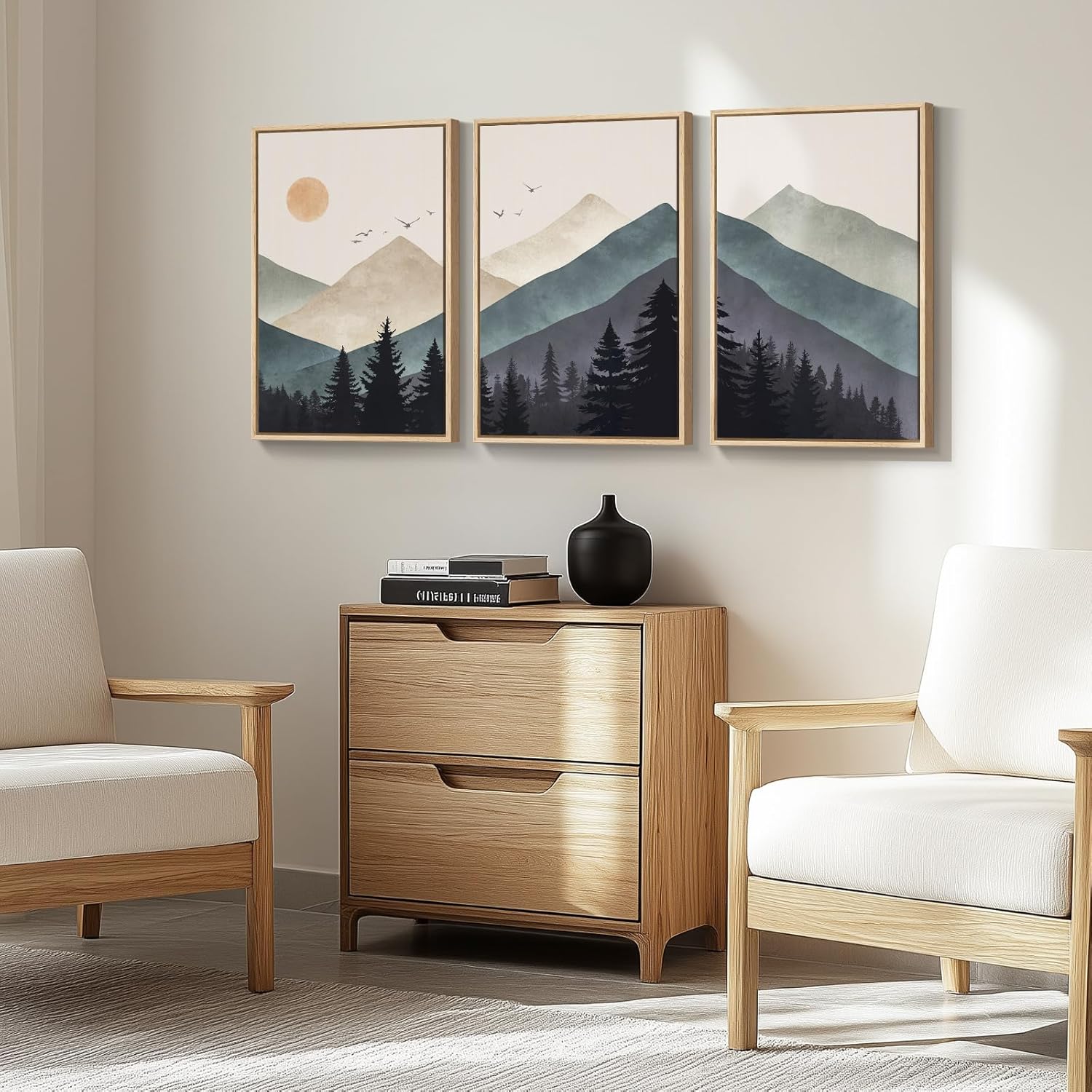 cuspin boho framed mountain forest landscape wall art, 3 piece bohemian canvas prints, modern nature wall art for living room, 3 count, 16x24 inch 16" w x 24" h x 3pcs boho mountain
