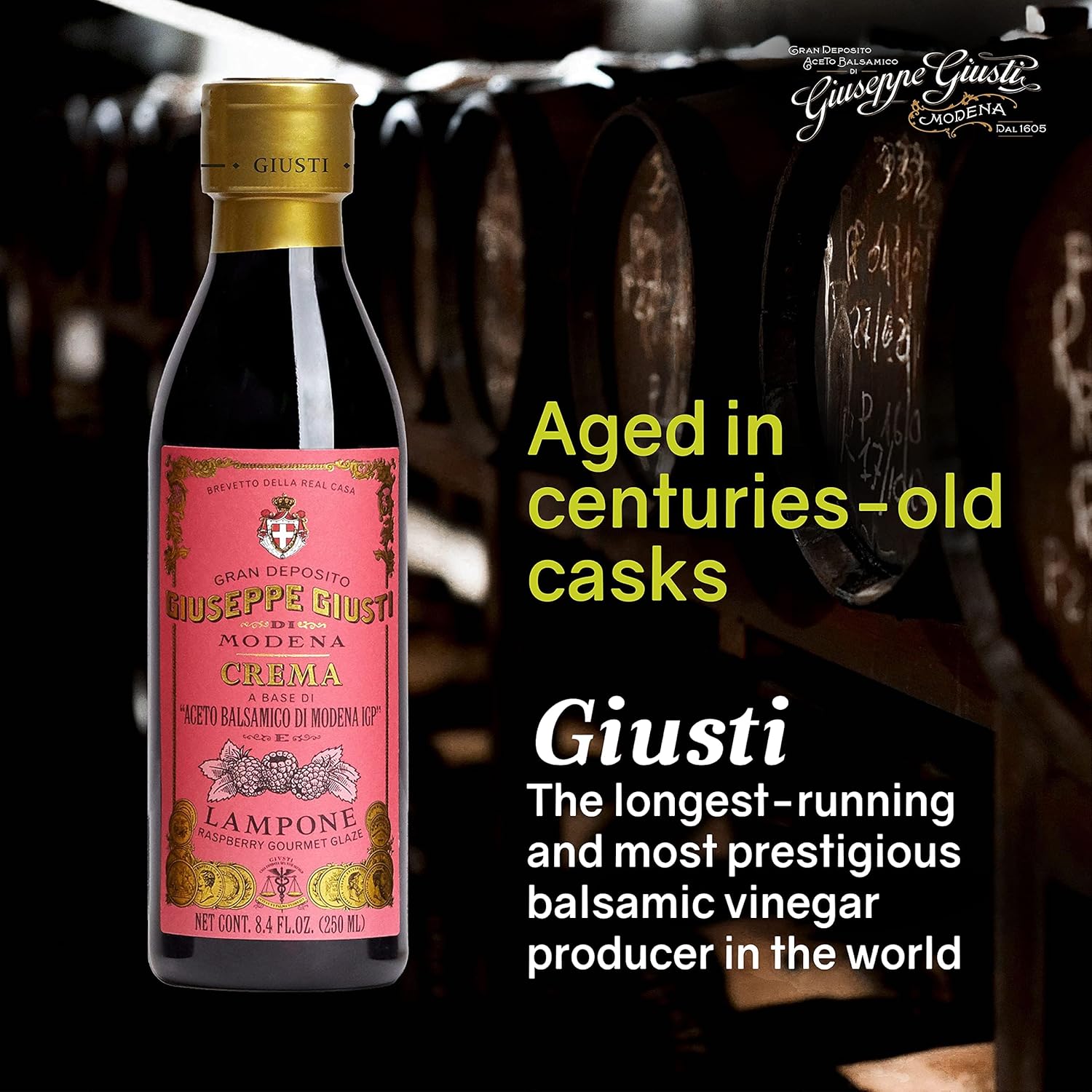 Giusti Raspberry Glaze Based on Thick Balsamic Vinegar of Modena - Italian Gourmet Crema Reduction With Raspberry, Flavorful Drizzle for Meat, Cheese, Salads & More – 5.07 fl oz (150 ml) - Pack of 1
