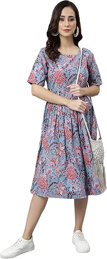 Janasya Women's Cotton Floral Print Flared Dress