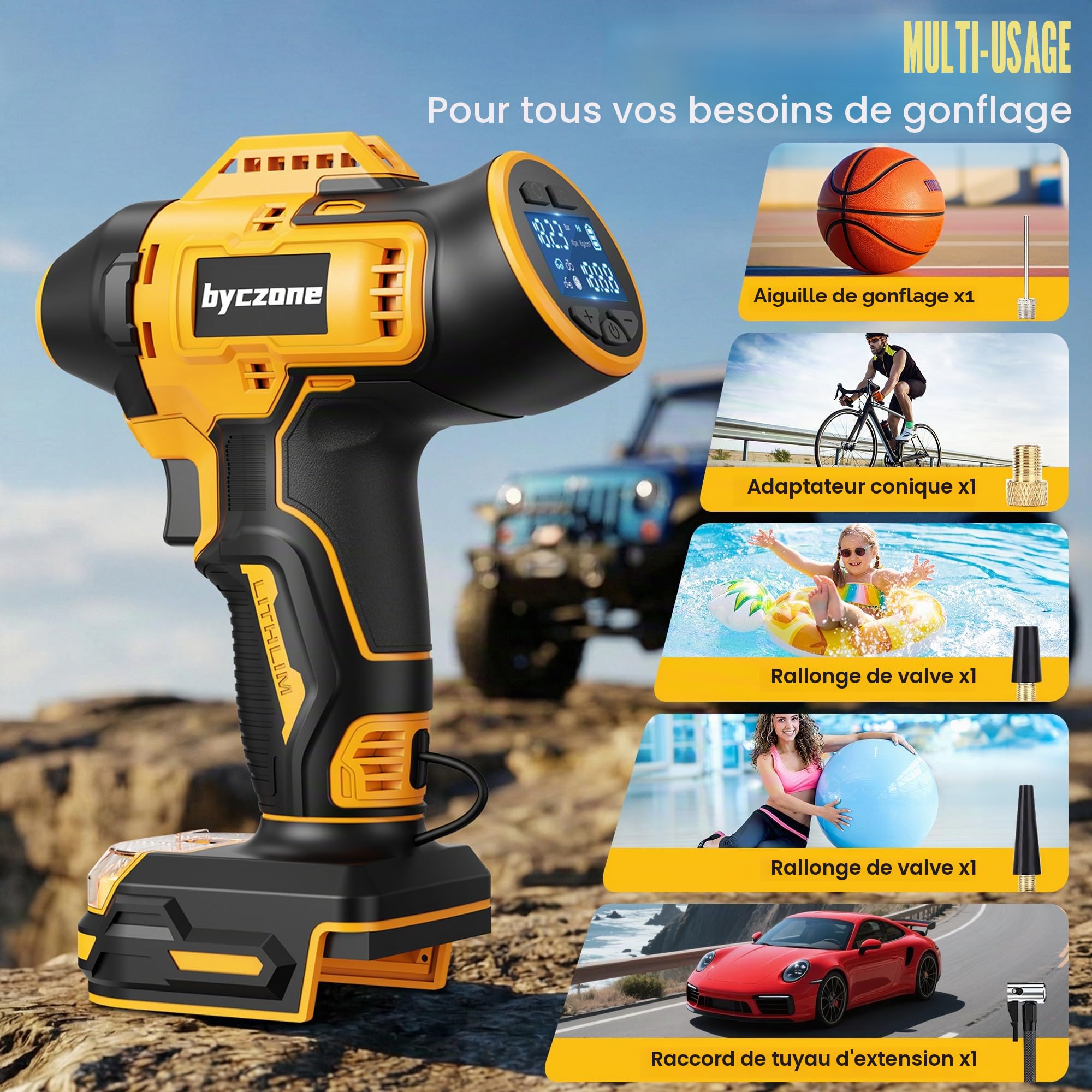 Gonfleur de pneu compatible avec batterie Dewalt 18 V, compresseur d'air sans fil 160 PSI avec manomètre numérique LCD, arrêt automatique, gonflage rapide pour voiture, vélo, ballon de sport