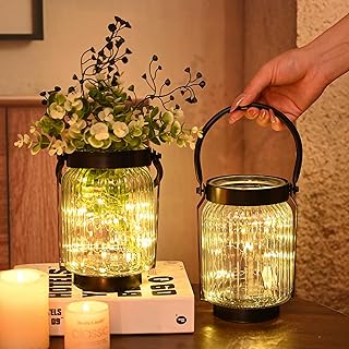 Vintage Glass Farmhouse Vase with Rustic Metal Frame & Faux Greenery, Decorative Lantern Vase for Home Decor, Floral Arran...