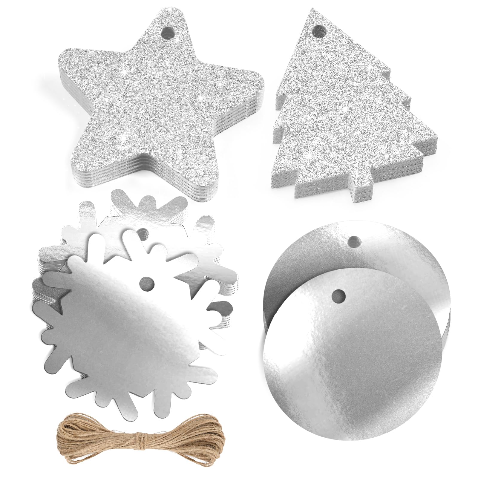 KINGLAKE 40 Pcs Silver Gift Tags, Glitter Foil Christmas Tags for Presents