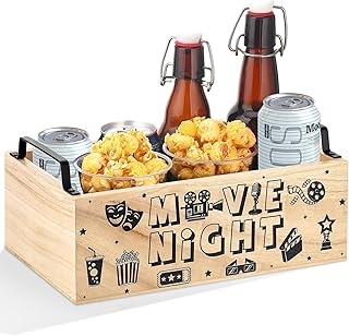 Sliner Movie Night Snack Trays with Handles Reusable Wood Movie Gift Basket Popcorn Bucket Bowl Box Container for Cinema Party Family Theater Christmas Countertop Chips Candy Popcorn Kitchen Supplies
