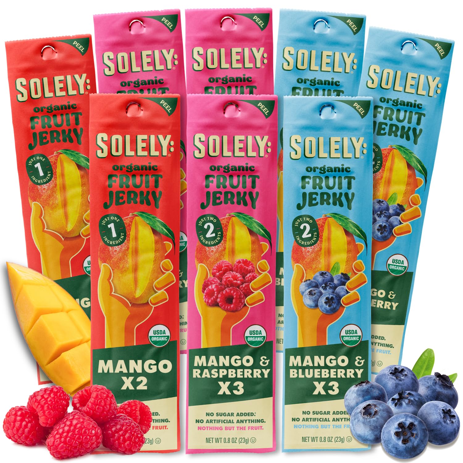 SOLELY - Organic Fruit Jerky Variety Pack - 8 Flavors, 8 Individually Wrapped Strips - Fruit Leather Made from Dried Fruit - Healthy Snacks for Adults & Kids - Non GMO, Vegan - 0.8oz (23g)