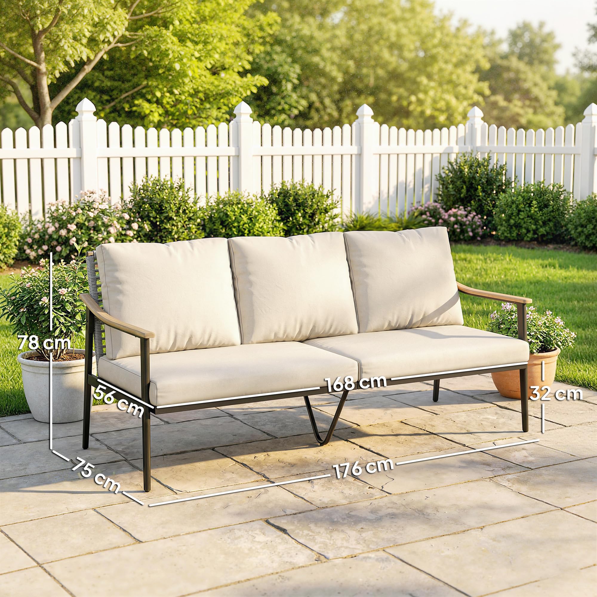 Outsunny Gartensofa 3-Sitzer Rattan Loungesofa mit abnehmbar Kissen Holzoptik-Armlehnen Stahlrahmen wetterfest Gartenbank Outdoor Sitzbank Gartenmöbel für Garten Terrasse Khaki