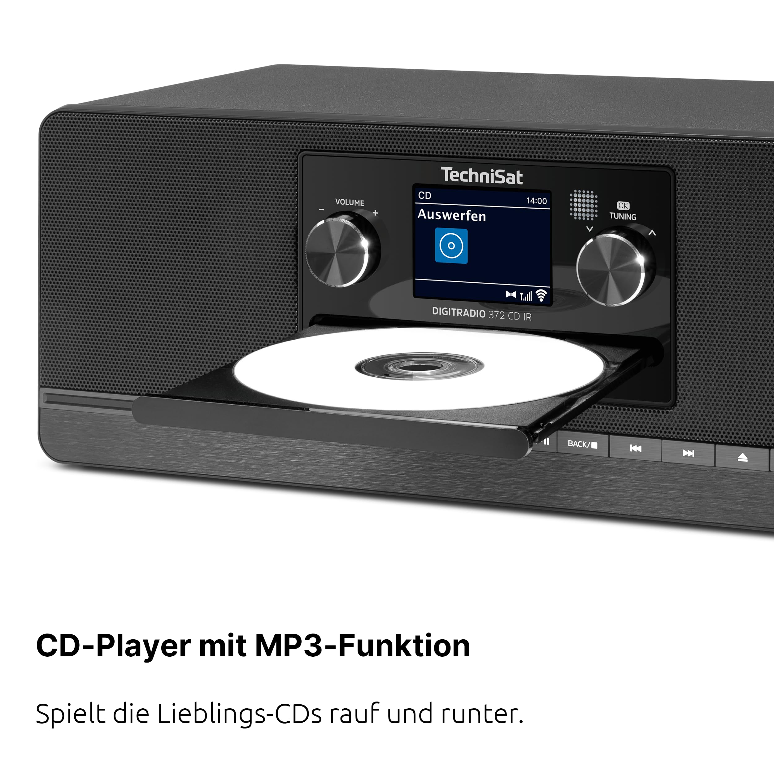 TechniSat DIGITRADIO 372 CD IR – Stereo Internetradio mit DAB+, UKW, CD-Player, WLAN, Bluetooth, Farbdisplay, USB, AUX, Kopfhöreranschluss, Wecker, 10 W, App-Steuerung und Fernbedienung - Schwarz