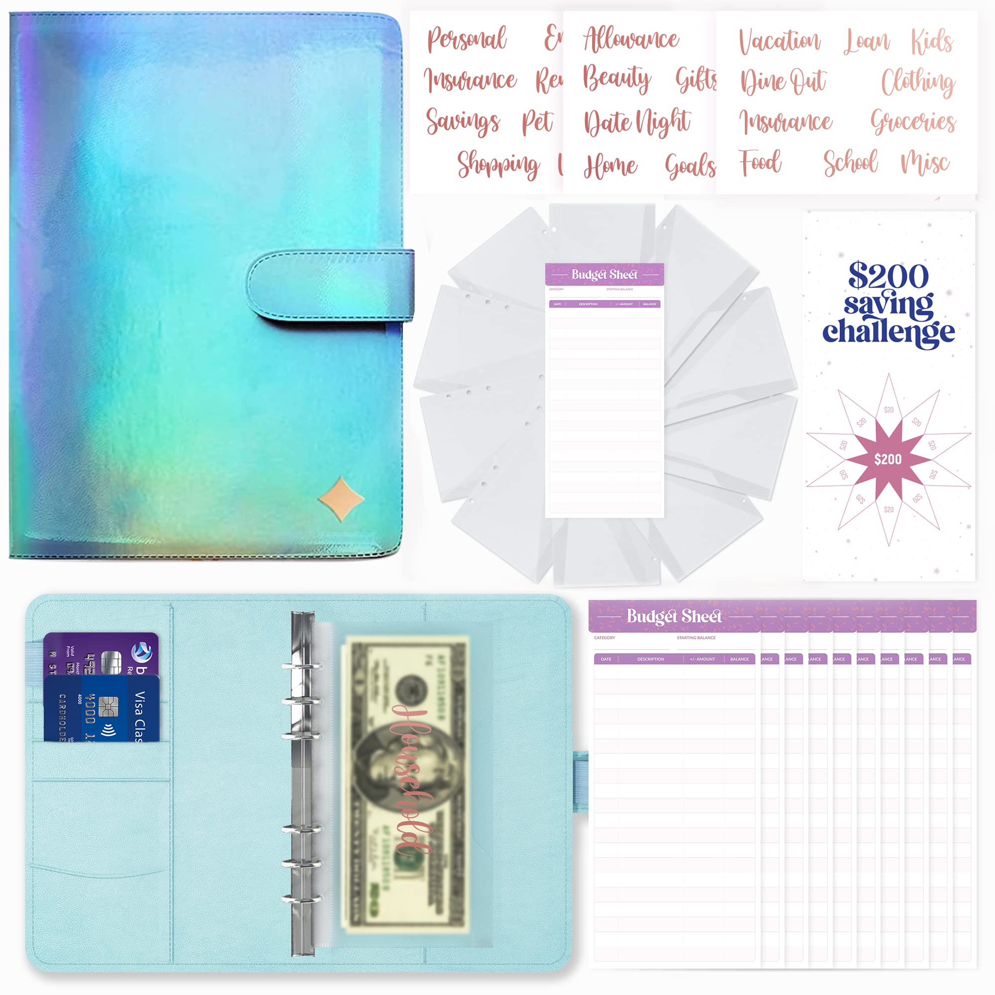 SOUL MAMA Budget Binder with Cash Envelopes - Holographic Blue Money Organizer for Cash, A6 Binder Cash Envelopes for Budgeting, Money Saving Binder