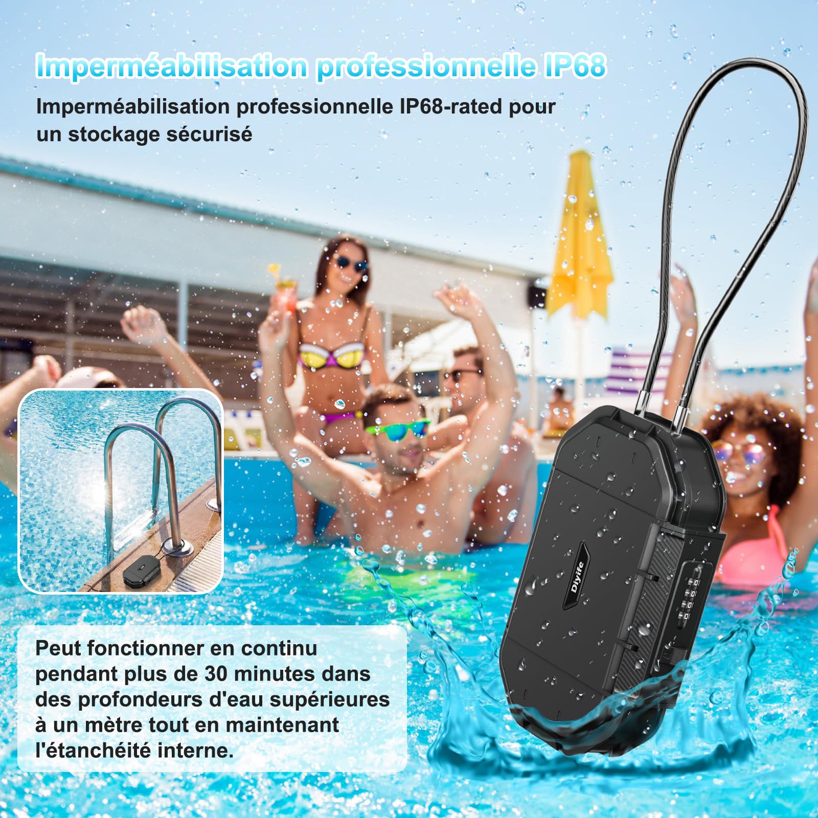 [IP68 & 2 Tête Verrou]Diyife Coffret Fort Portable Sécurisé, 4 Chiffres Combinaison Petit Coffre Fort, Doublure en Silicone, Câble en Acier Amovible-Anti-Coupure et Anti-Perte, pour Maison Hôtel Plage
