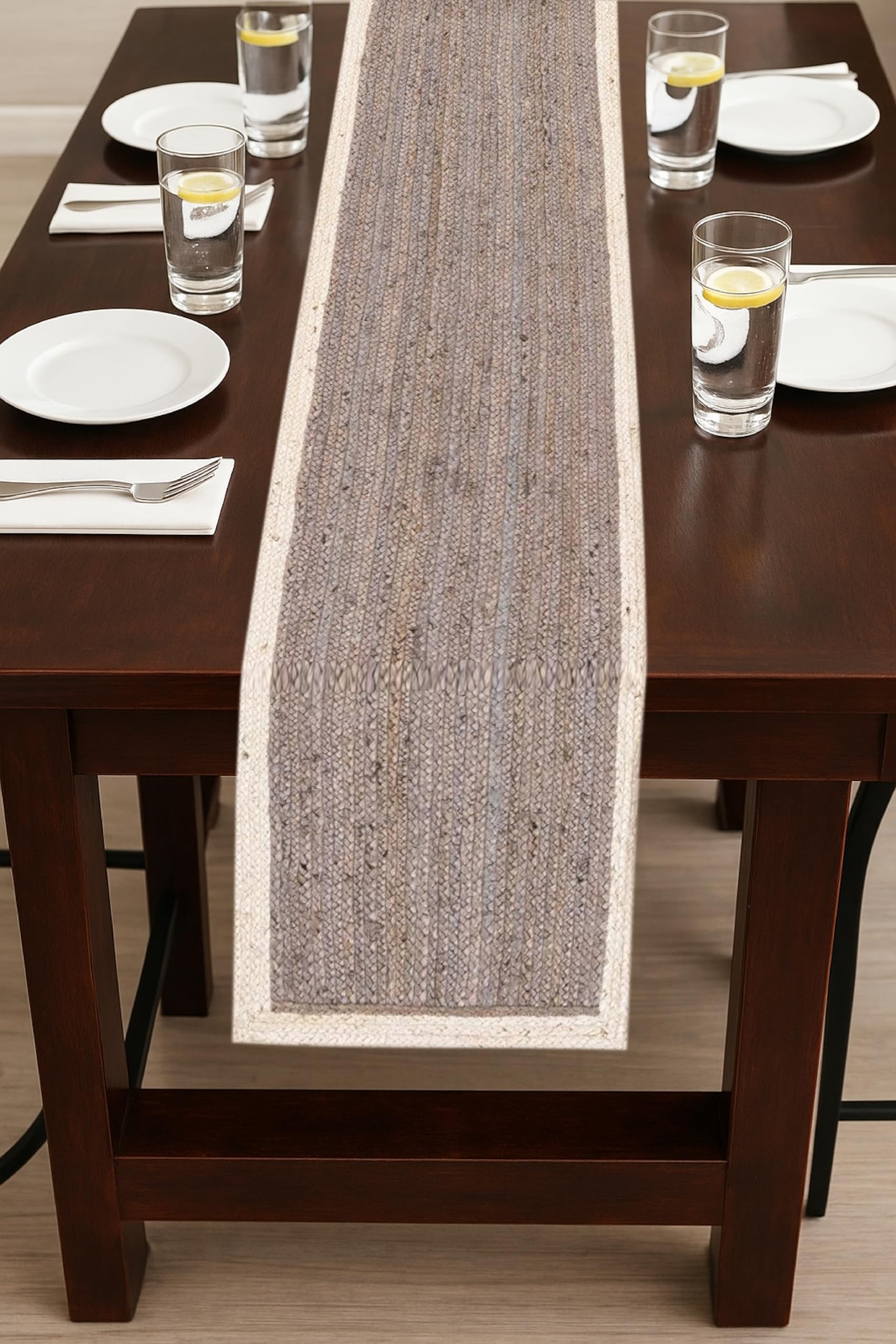 Lot de 2 chemins de table en jute blanc et gris - 33 x 91 cm - Décoration de table de salle à manger, cuisine, table basse - Décoration bohème et rustique
