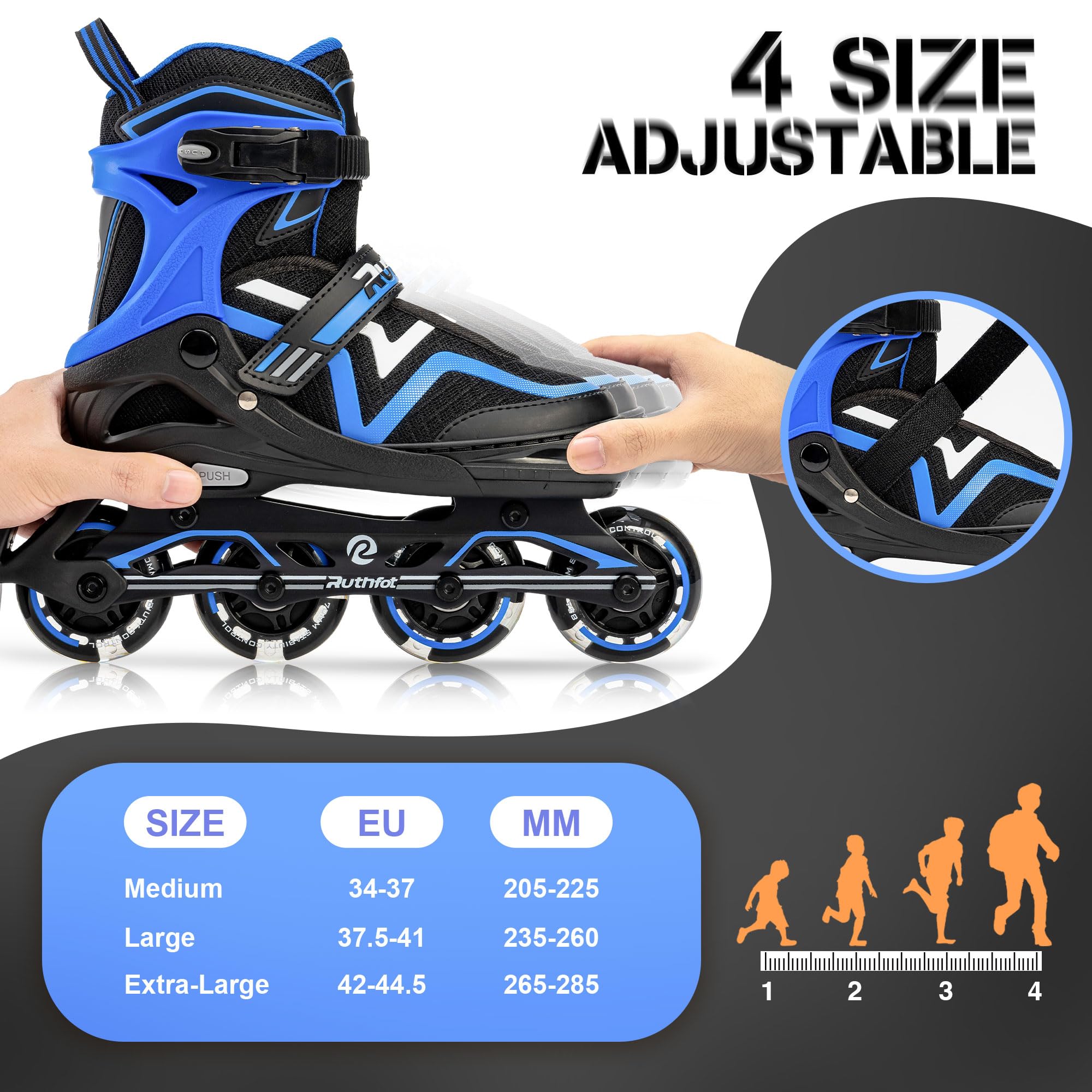 Ruthfot Verstellbare Inline Skates für Kinder Jungen und Mädchen, Leucht-Skates für Kinder von 6-12 Jahren Outdoor-Leuchtpatinen für Frauen und Männer