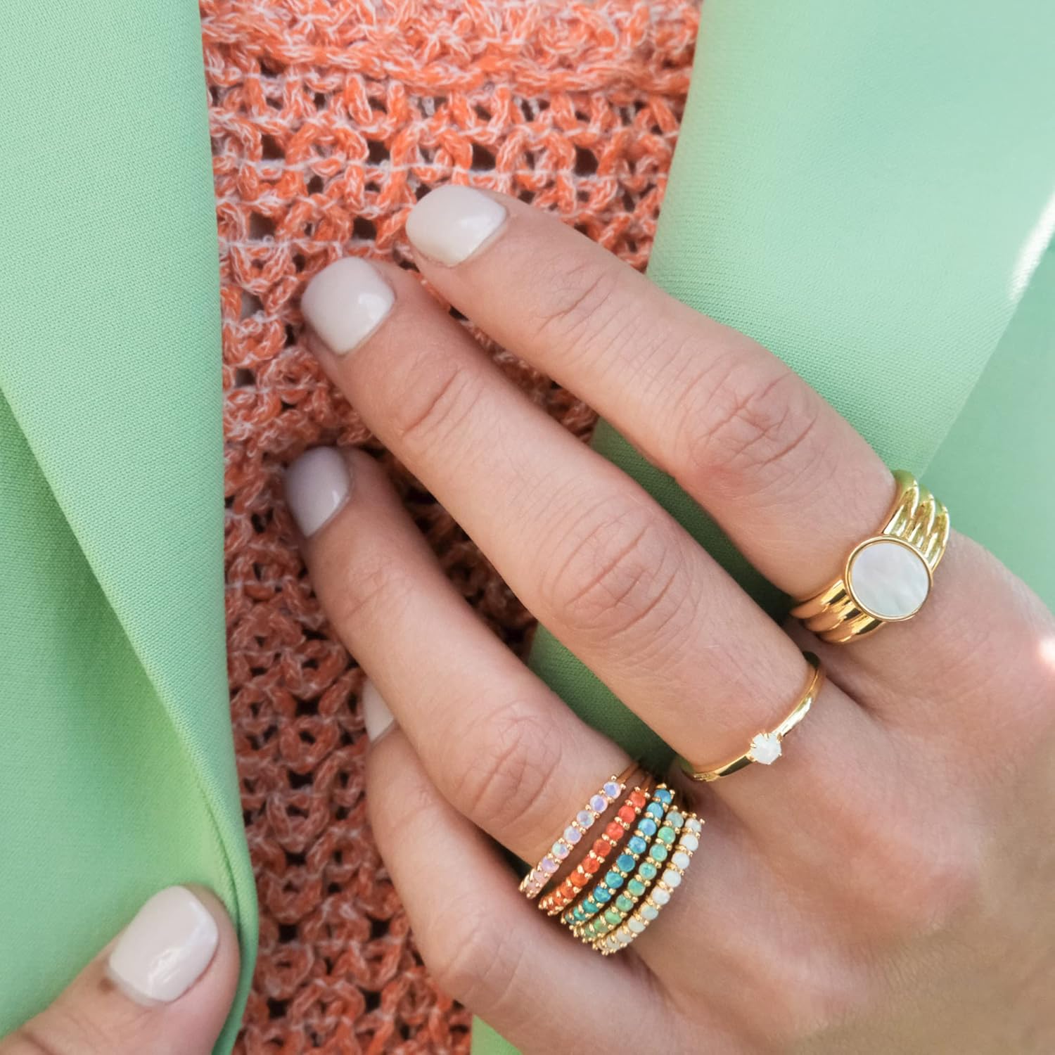 Dainty Opal Half Eternity Band Ring | 18K Gold Plated Sterling Silver Stacking Bands | Rainbow Ring Stack Minimalist Birthstone Jewelry Gift for Her - Image 4