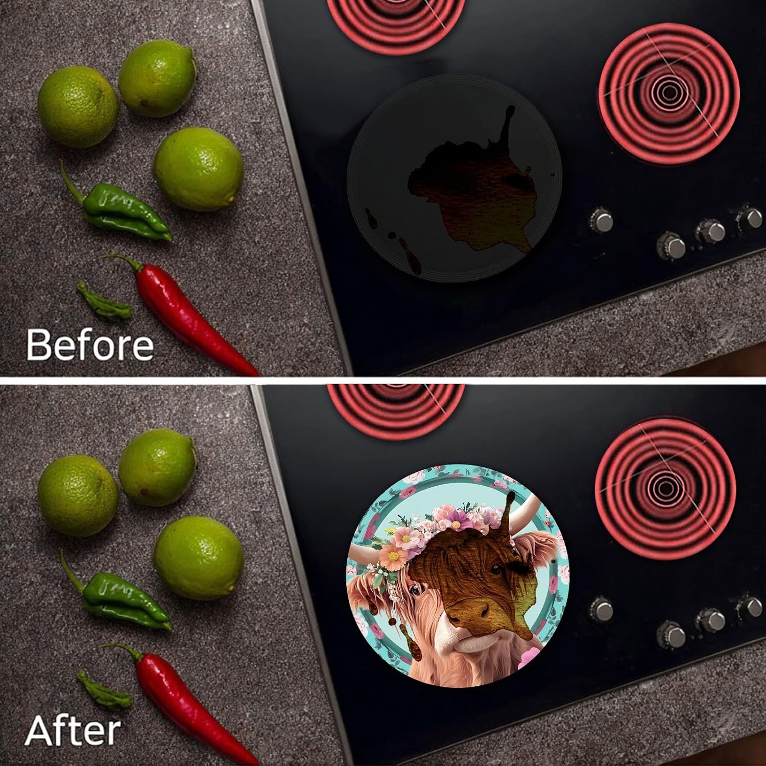 Cow with Wreath Stove Burner Covers, Colorful Flowers and Wood grain Background Gas Stove Burner Covers Set of 4, 8 and 10 In Stove Top Covers for Electric Stove Metal Stove Cover, Funny Kitchen Decor thumbnail