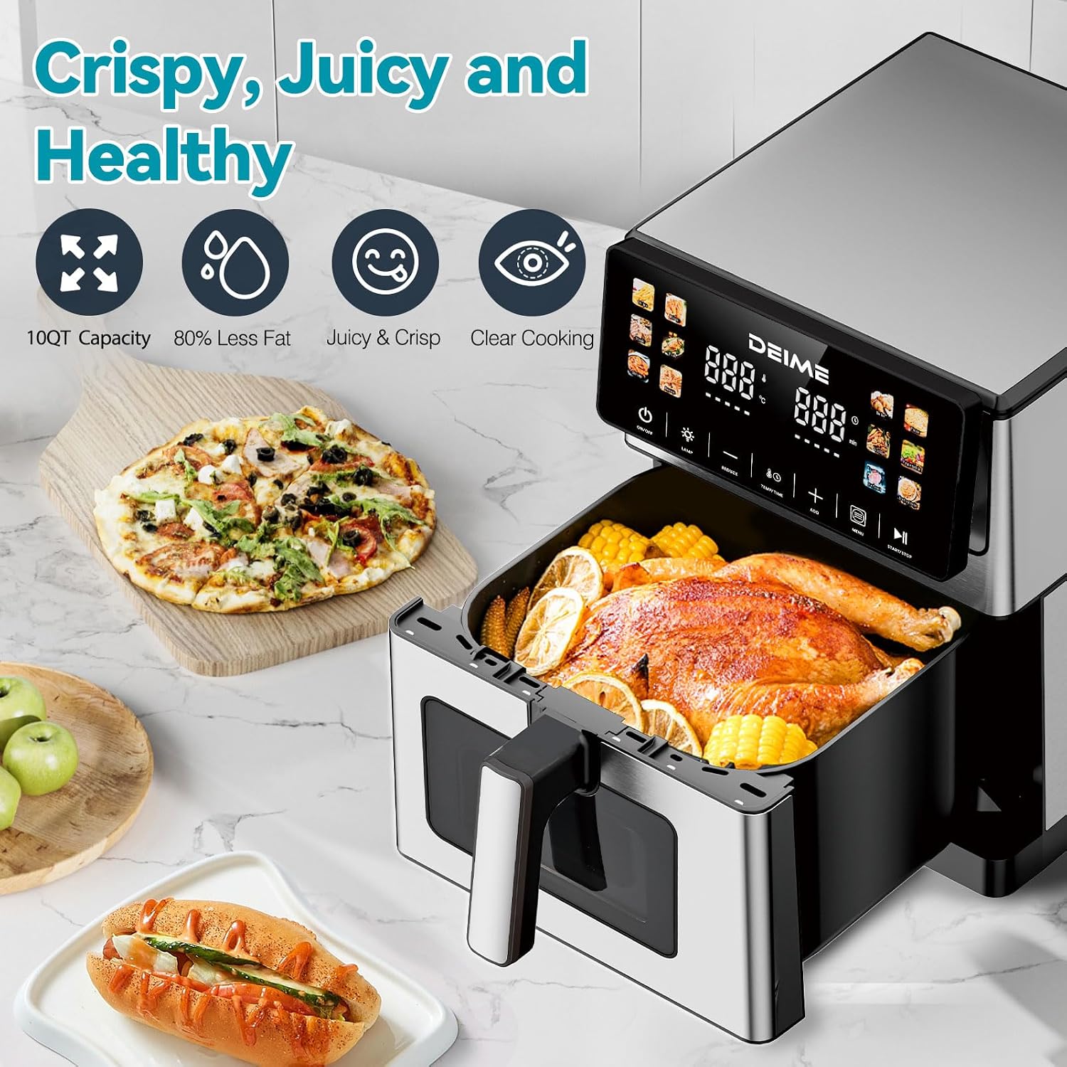 DEIME Air Fryer 10 QT, 2100W Large Capacity with 12 Preset, Visual Cooking Window, Non-Stick Basket, Recipe Included