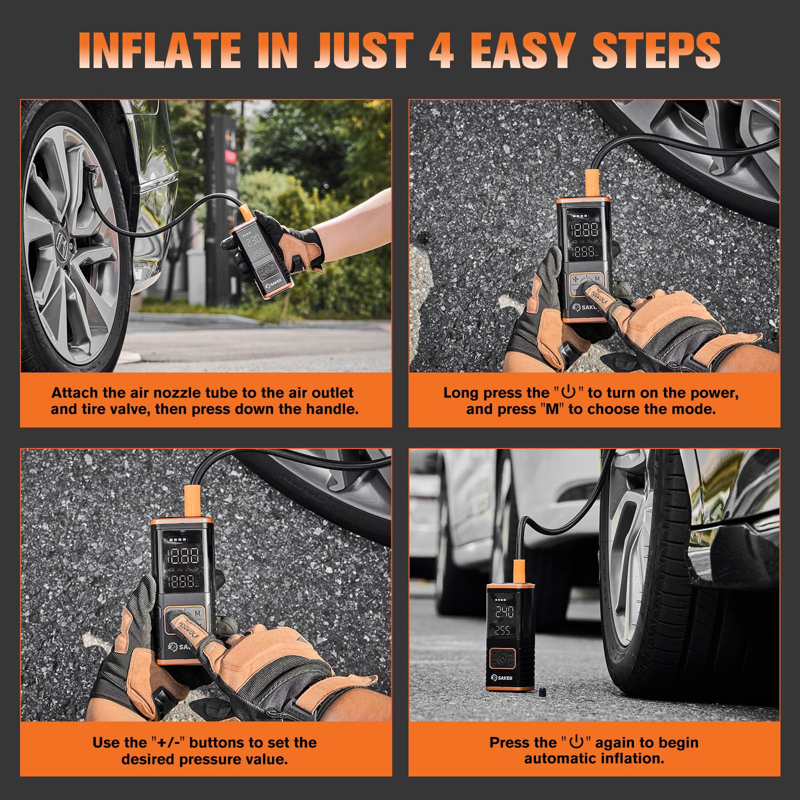 Saker Tire Inflator Portable Air Compressor - 150PSI Car Tires Air Pump with Tire Pressure Gauge Led Light — view 8