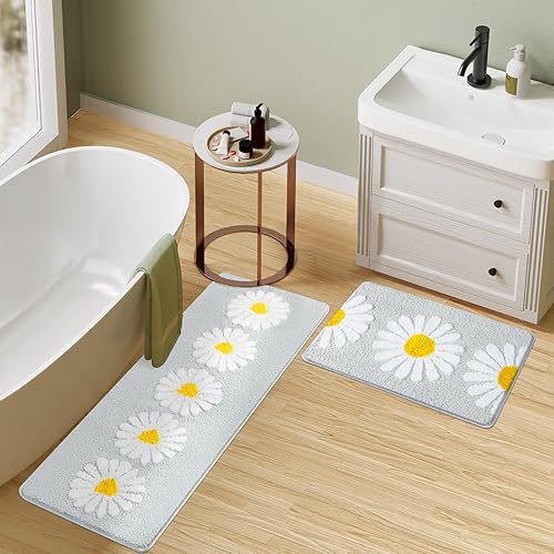 Vista 38 de Tapetes de baño grises, bonitos tapetes de baño con margaritas, microfibra extra suave y absorbente, antideslizante, para baño, ducha, dormitorio