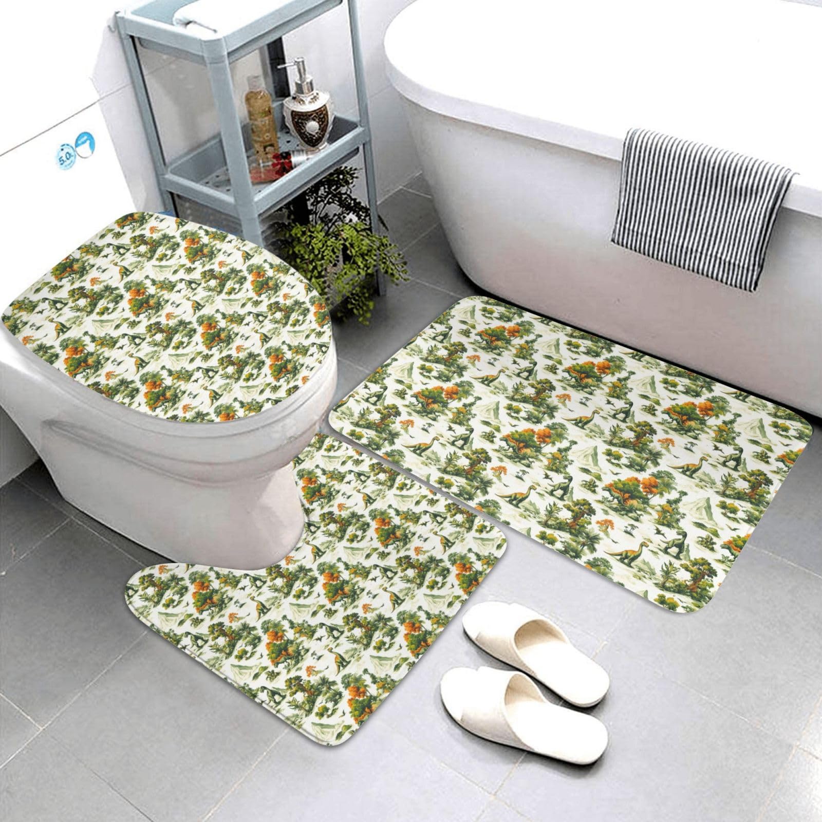 Tapis de salle de bain lot de 3 dinosaure vert forêt lavables