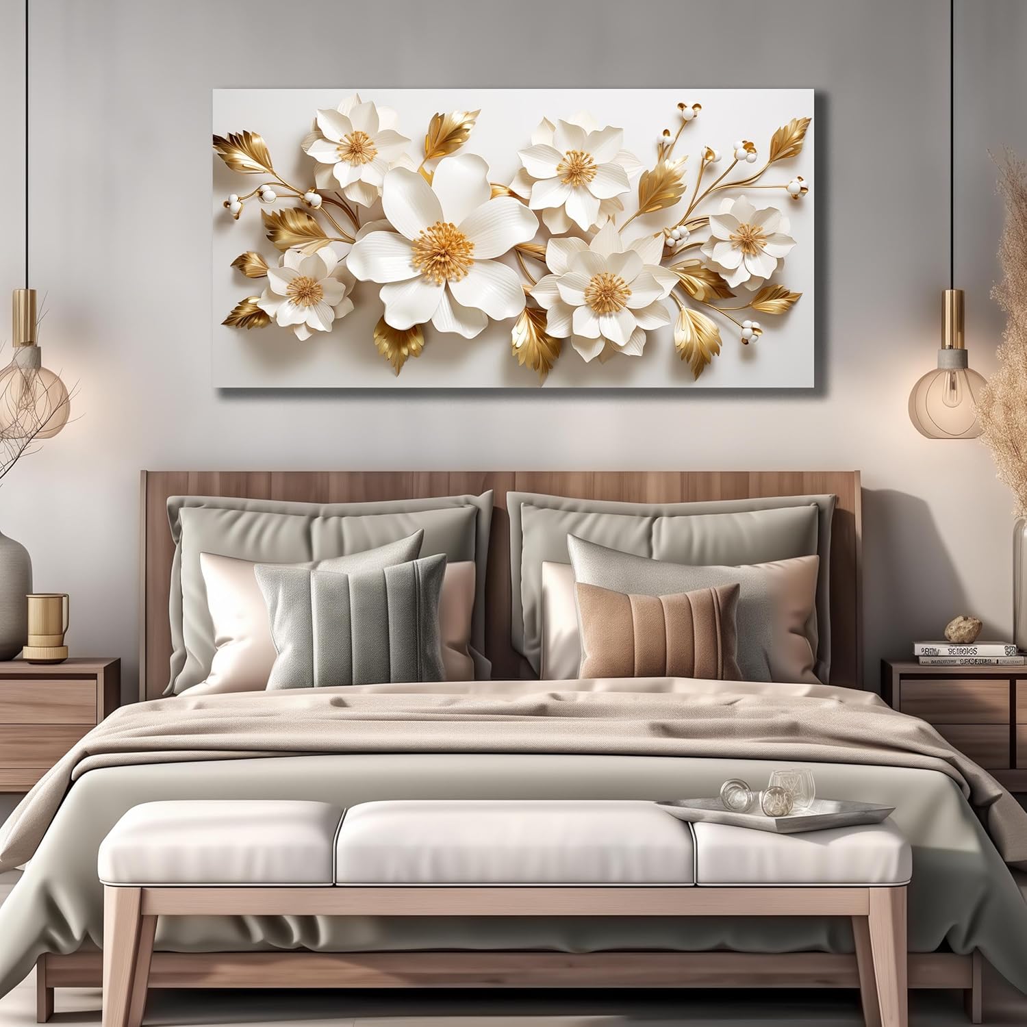 JuhaiArt Large Floral Wall Decor 3D Flower White Wall Art Elegant Gold Canvas Decor for Bedroom Living Room Office Picture Artwork 29" x 59"