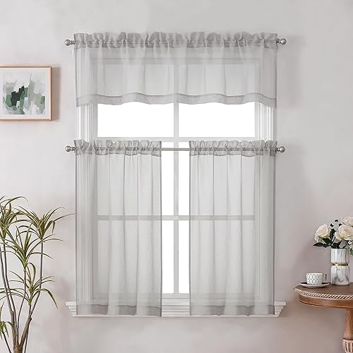 Miniatura 2 de Doris - Cortinas traslúcidas de lino sintético de 14 pulgadas de largo, para cafetería, cocina, dormitorio, sala de estar, cortina de gasa gris