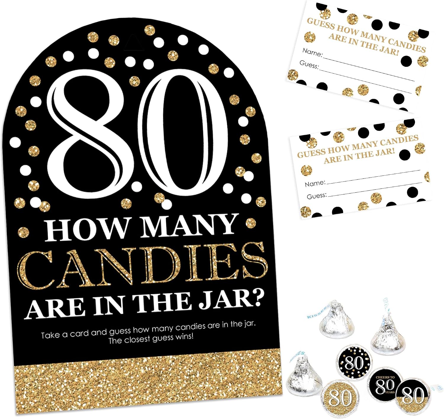 Big Dot of Happiness Adult 80th Birthday - Gold - Birthday Party Candy Guessing Game and Round Chocolate Sticker Favors Kit - 149 Pieces Virtual Bundle