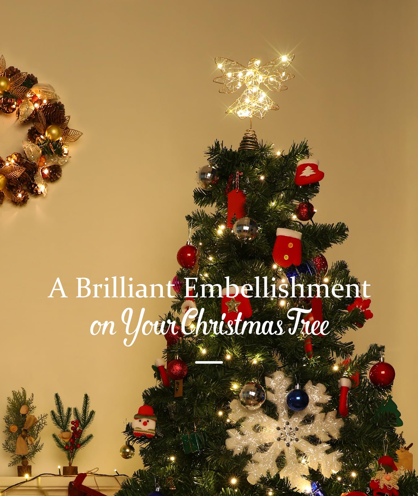 Roylvan Christmas Tree Topper Angel, USB-Powered Christmas Tree Light with Remote & 6H Timer, 3D Hollowed Angel Decoration for Xmas Trees Home Decor Outdoor Party, 9.8 Inch (H), Gold