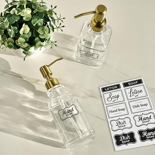 Miniatura 6 de JASAI Dispensador de jabón de vidrio cuadrado antiguo con bomba dorada a prueba de óxido, dispensador de jabón recargable con 10 calcomanías para