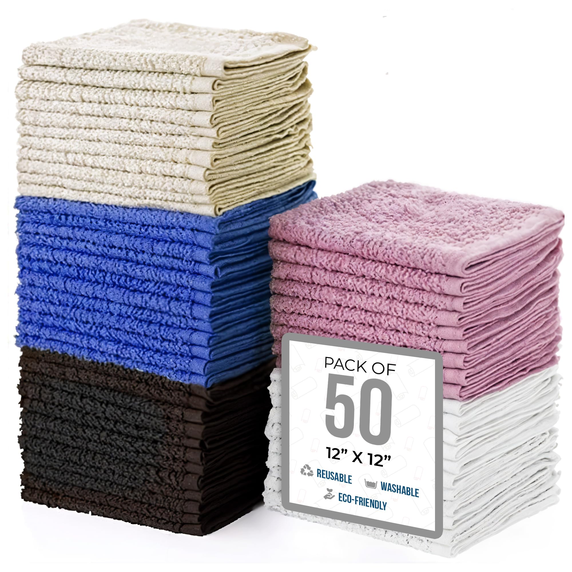 SIMPLI-MAGIC Cotton Wash Cloths 12"x12" (50 Pack) – Highly Absorbent Soft Towels – Commercial Terry Washcloth for Face, Hand, Bath, Kitchen, Gym &