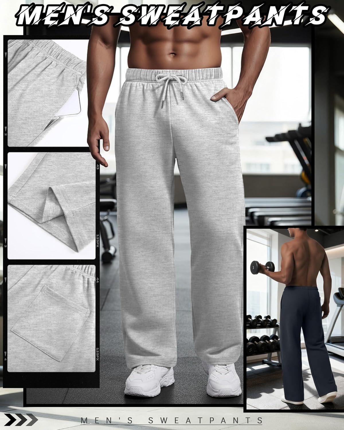 3 Pack Men's Lightweight Lounge Pants Straight Leg Open Bottom Thin Baggy Drawstring Sweatpant with 3 Pockets - Image 2