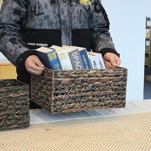 Miniatura 6 de Cesta de almacenamiento rectangular de mimbre, cesta de jacinto de agua oscura con asas interiores, estantes, escritorio de cocina y oficina (grande)